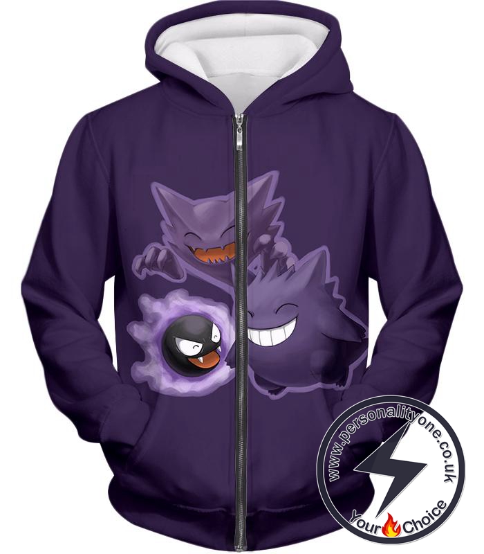 Pokemon Favourite Ghost Pokemon Trio Ghastly Hunter and Gengar Cool Anime Zip Up Hoodie